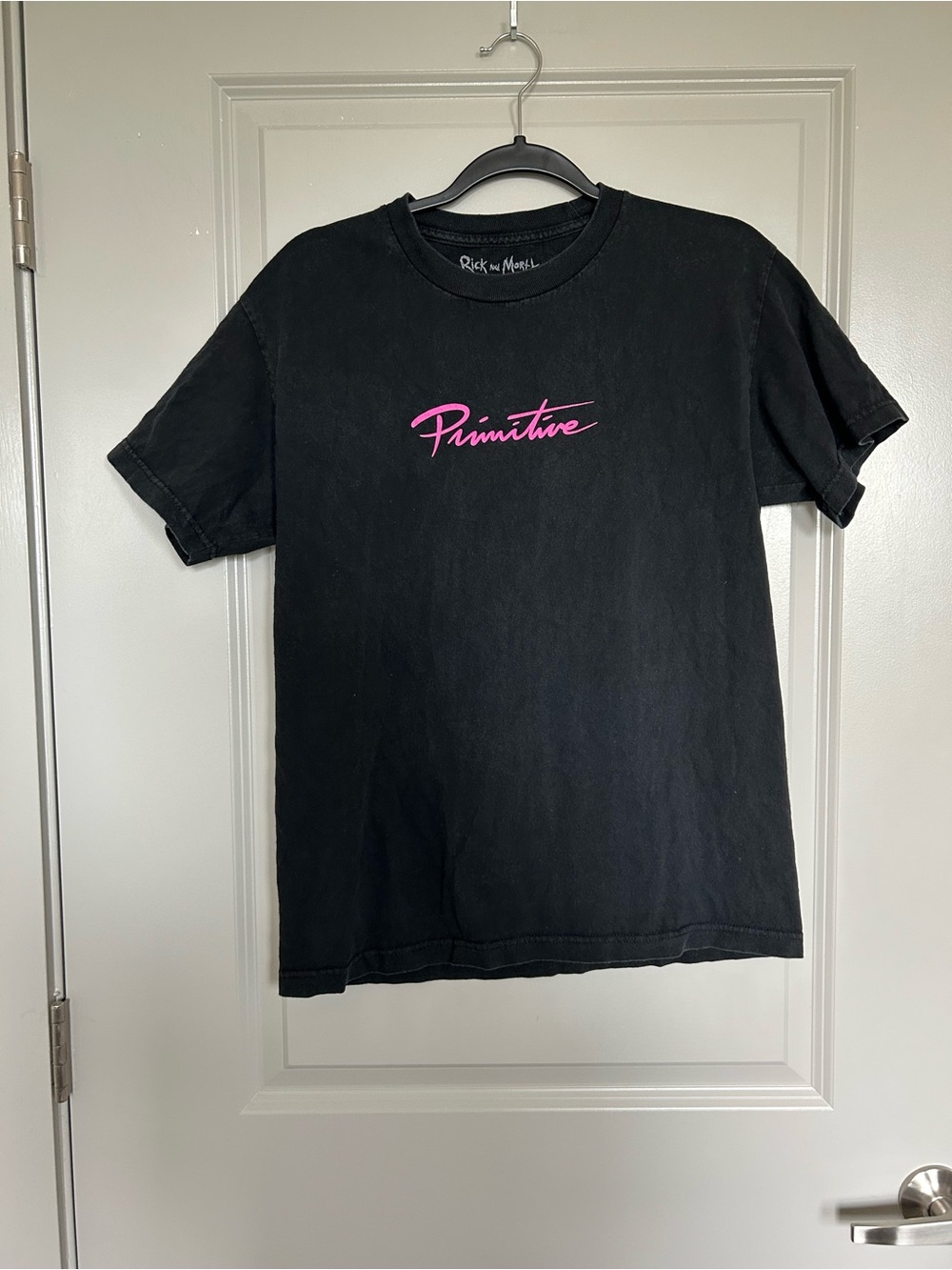 Primitive Rick and Morty Black Short Sleeve Tee with Pink Script Logo